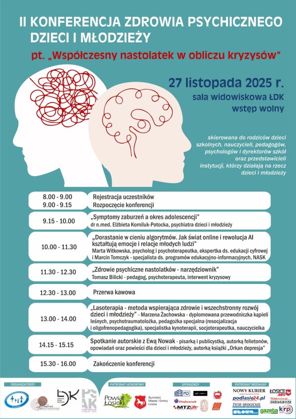 Zapraszamy na wyjątkową <mark>konferencję poświęconą zdrowiu psychicznemu nastolatków</mark>, która odbędzie się <mark>w Łosicach</mark> w sali widowiskowej Łosickiego Domu Kultury.